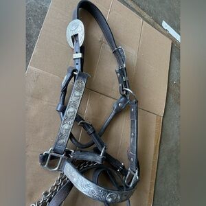 Tooled Leather Horse Halter with Silver Accents - Dark Brown